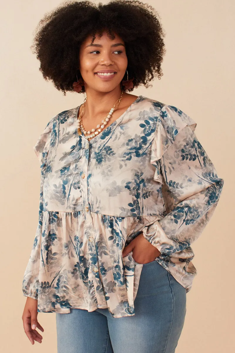 Silicone Grip Interior Satin Botanical Print Buttoned Ruffle Top