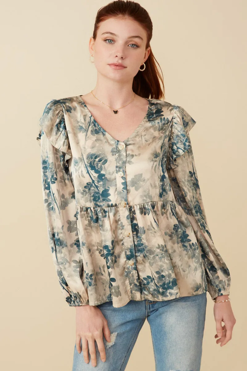 Satin Botanical Print Buttoned Ruffle Top AntiPillingSurface