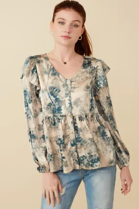 Denim Shirt Two Tone Weave Satin Botanical Print Buttoned Ruffle Top