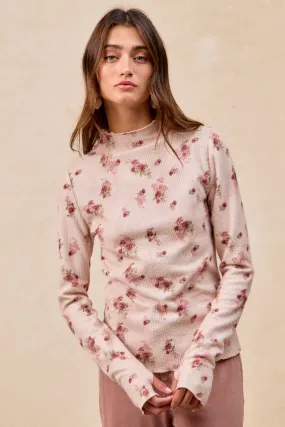 Raglan-Sleeve Fitted Design IT4077S-07 | HIGH NECKLINE TEXTUR FLORAL PRINTED TOP WITH THUMB