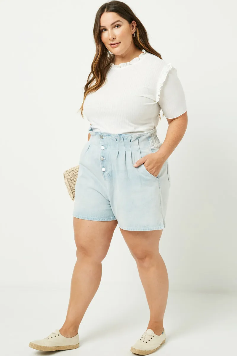 Water Resistant Finish High Waist Pleated Denim Shorts