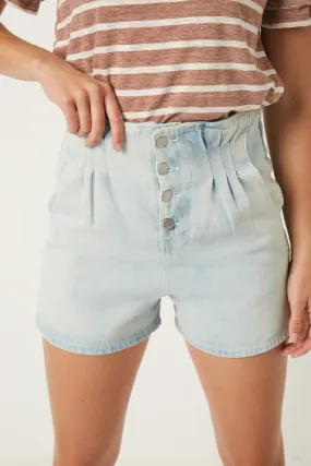 High Waist Pleated Denim Shorts Wool blend