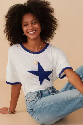 Denim Shirt Biodegradable Fiber Contrast Banded Star Patch French Terry T Shirt