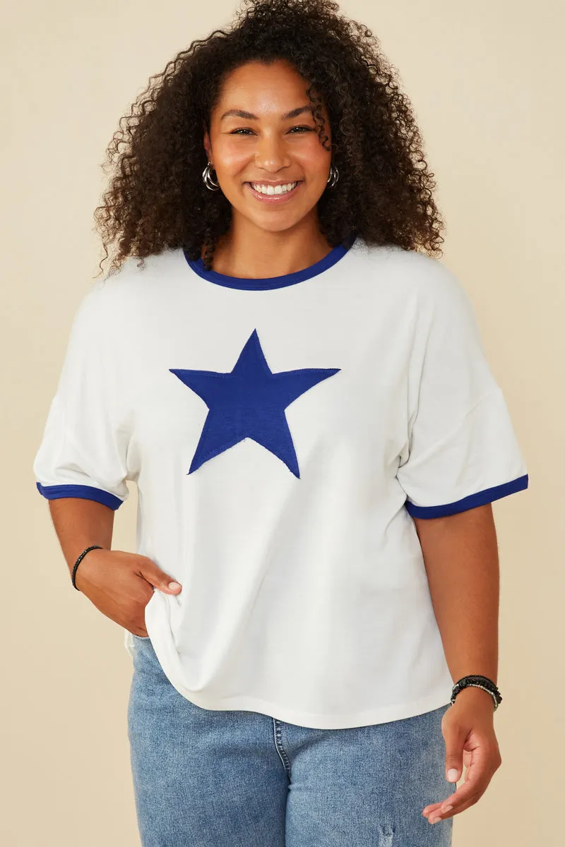 Contrast Banded Star Patch French Terry T Shirt Regular Fit Easy Care Fabric