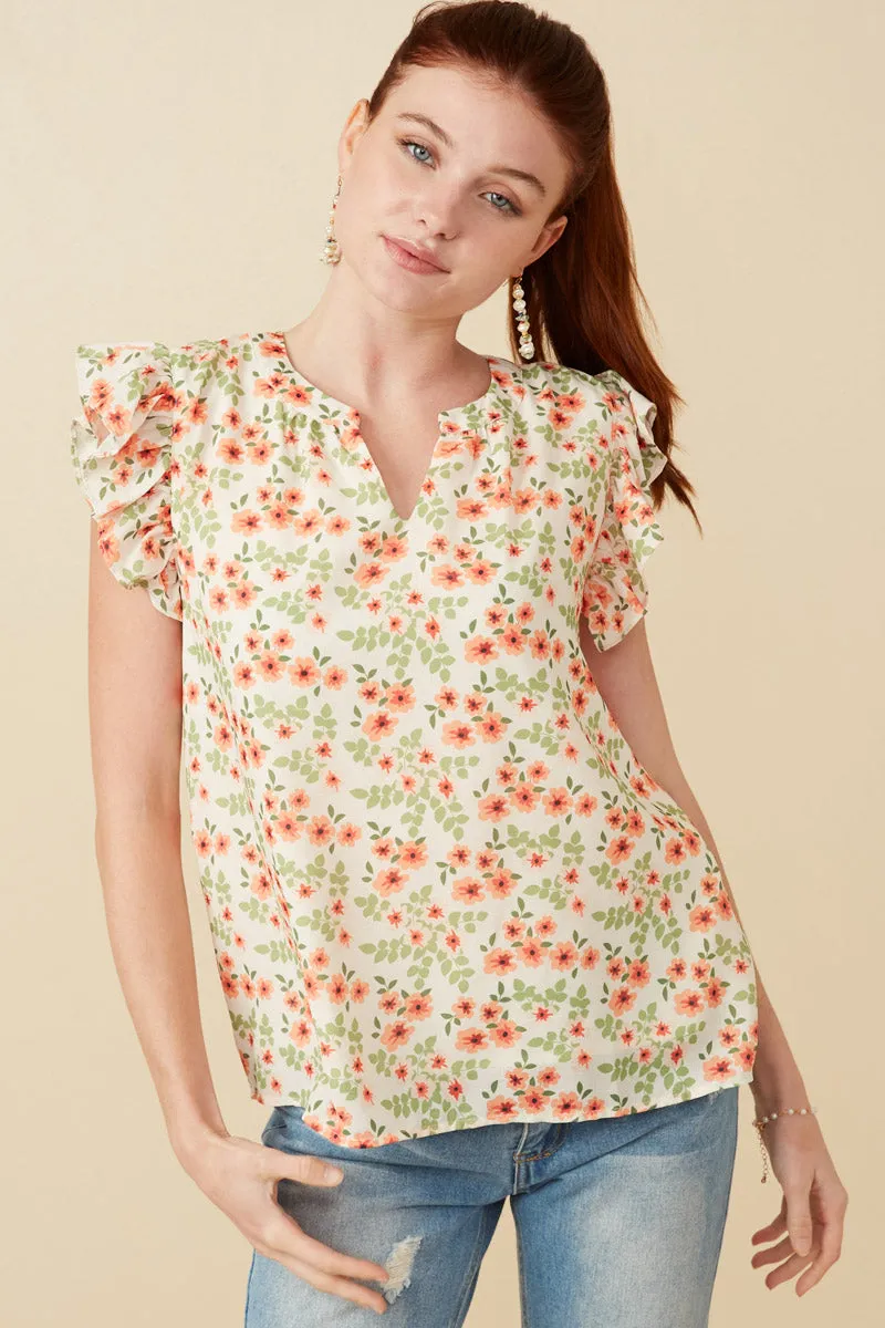 Floral Ruffled Sleeve Tank Bound Seam Edges Modern Look