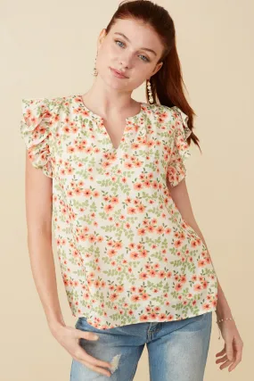 Floral Ruffled Sleeve Tank NonRestrictive Biodegradable Fiber
