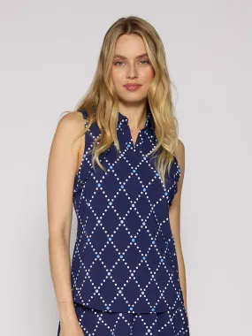 Sleeveless Ruffle Polo Top in Diamond Geo Navy Luxurious Feel Mesh Panel Details