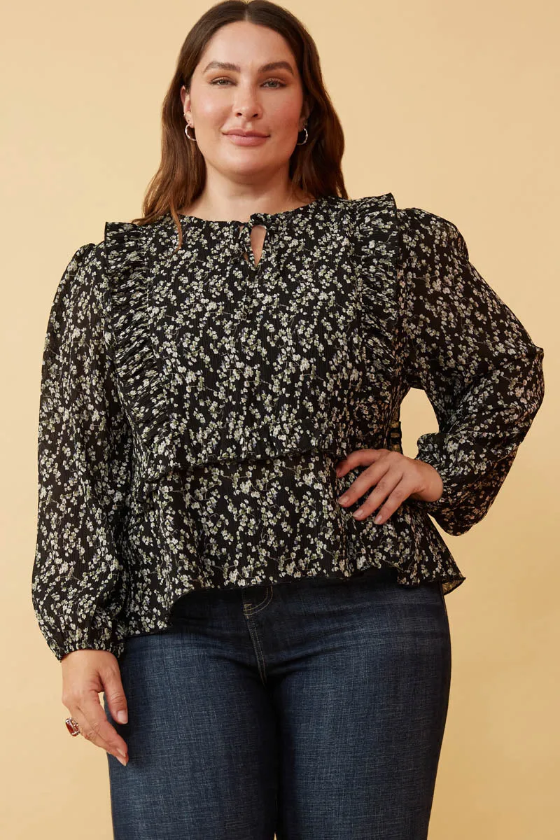 Lightweight pullover Ditsy Floral Tie Front Ruffle Detail Top