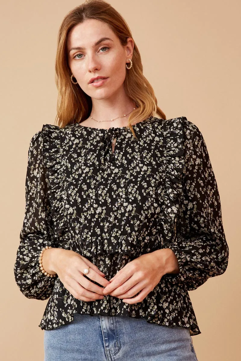 Ditsy Floral Tie Front Ruffle Detail Top Thermal Regulating Fabric LowImpact Manufacturing