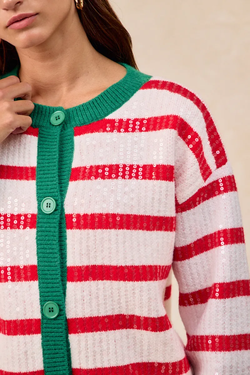 Recycled Polyester IT4778S-02 | CHRISTMAS STRIPE SEQUINS BUTTONED UP CARDIGAN