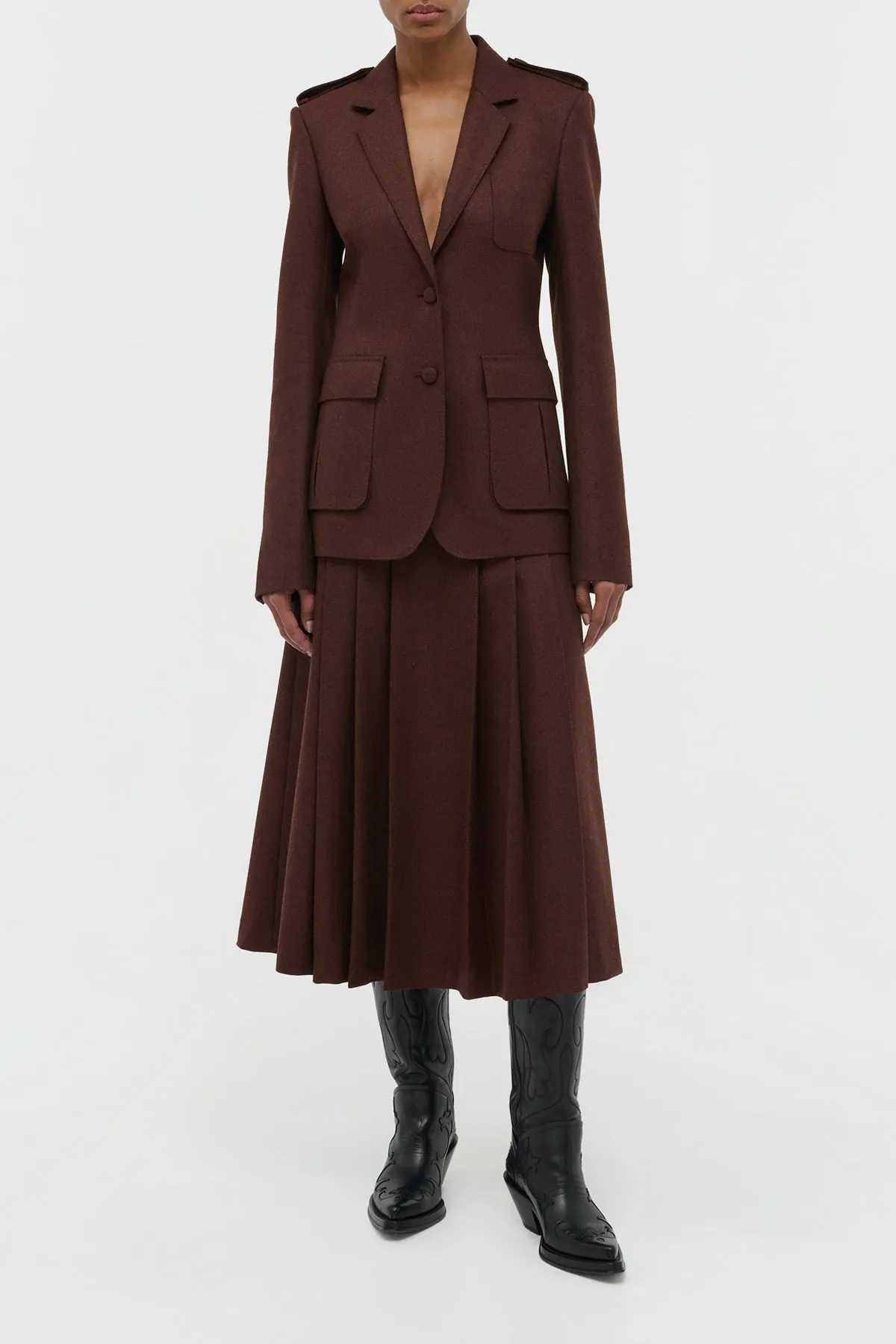 Wesley Pleated Midi Skirt in Burnt Sienna Wool Cashmere Flannel AllDay Comfort