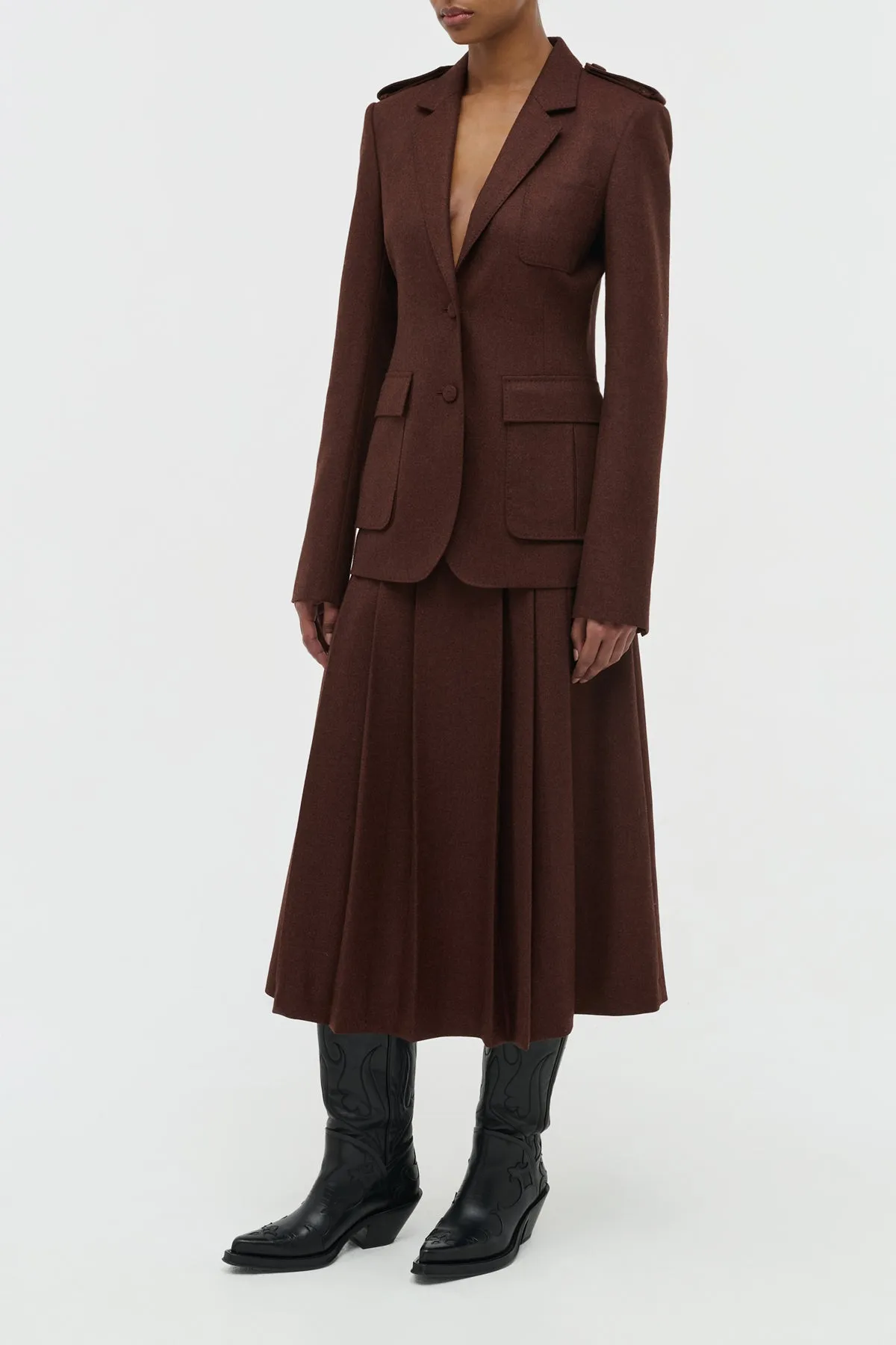 Wesley Pleated Midi Skirt in Burnt Sienna Wool Cashmere Flannel Adjustable drawstring DoubleLayeredShoulders