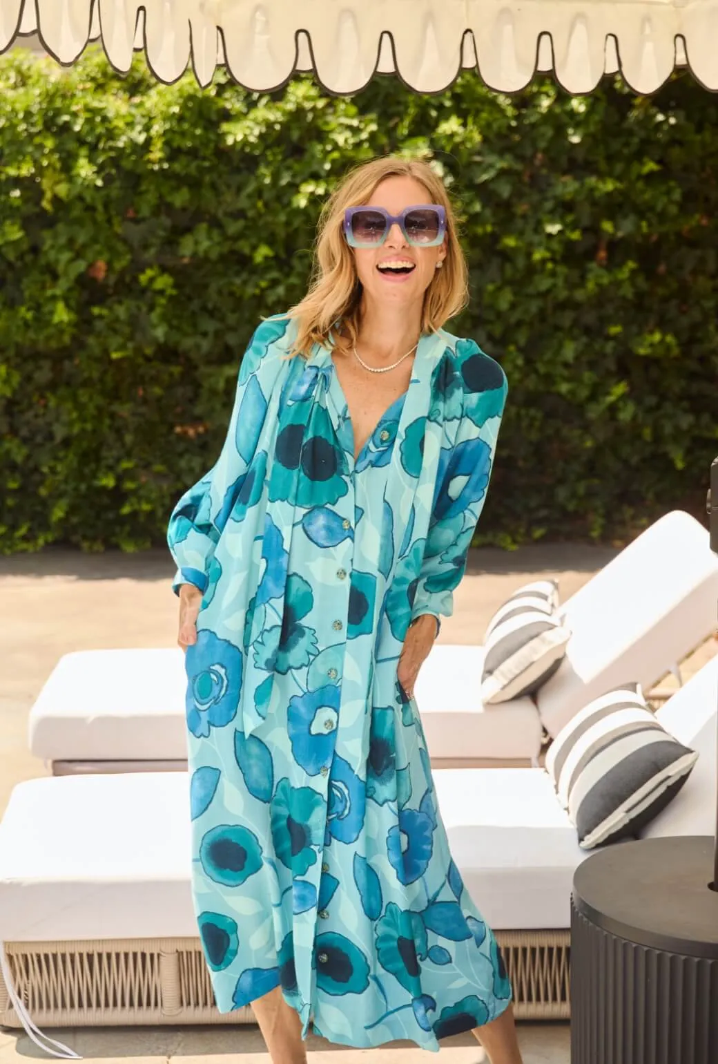 Ribbed Trims Bow Housecoat - Aquamarine