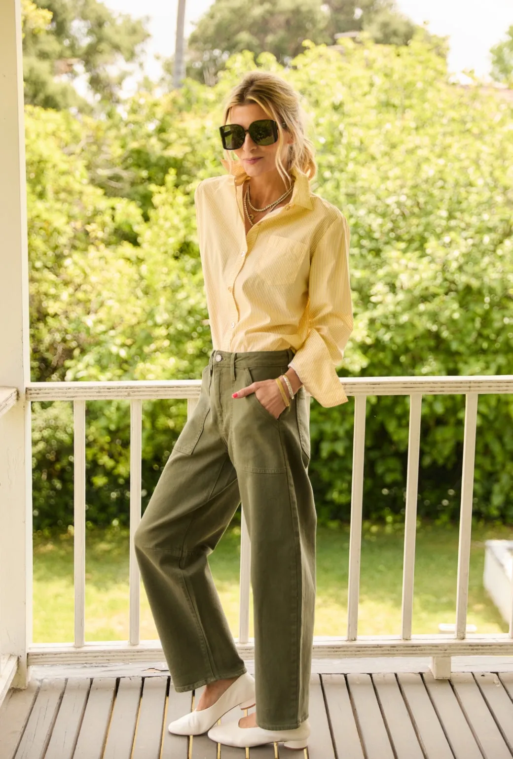 Functional Waist Horseshoe Jeans with Pockets - Olive