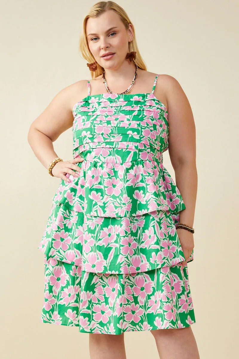 Bold Floral Pleated Bodice Tiered Mini Tank Dress Simple Texture Boxy-Style
