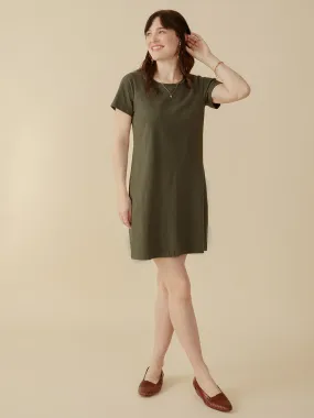 Relaxed Crew Neck Opening Yarn Dyed Stripes Hudson T-Shirt Dress - Olive