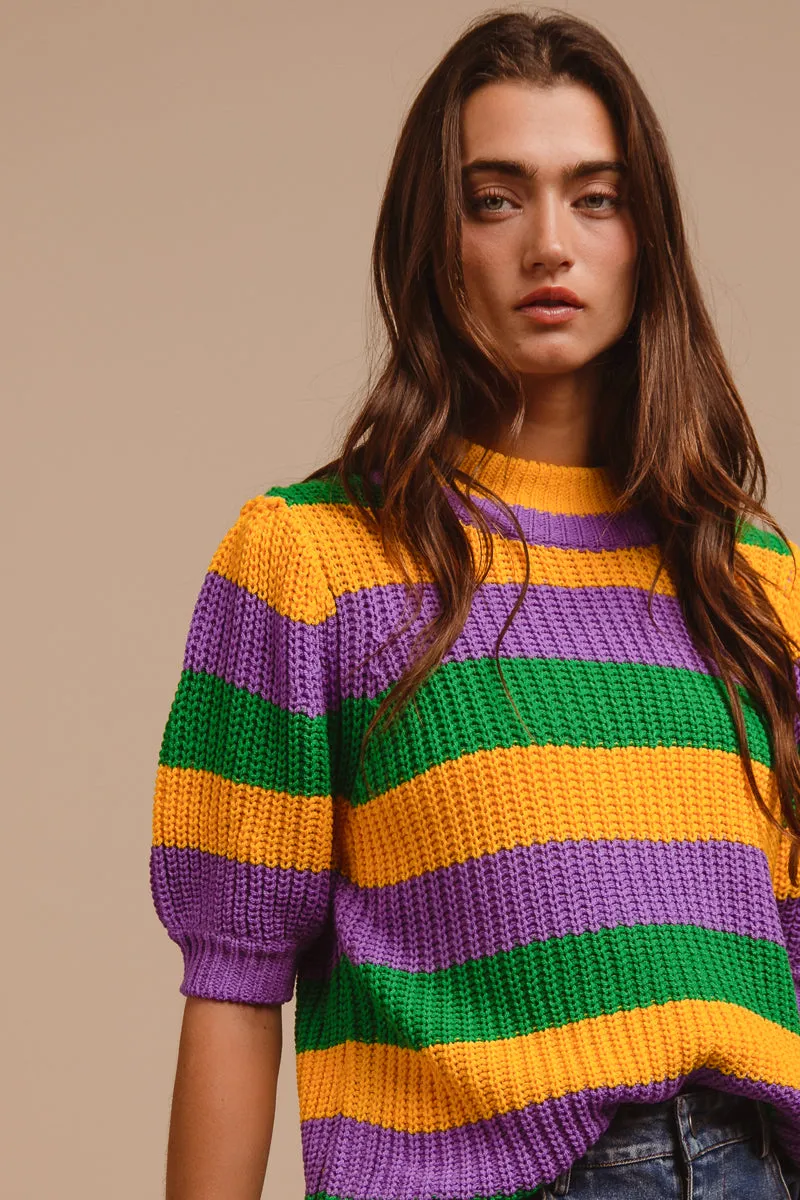 Easy Care Material IT3189S-02 | MARDI GRAS STRIPE HACCI KNIT HALF SLEEVES TOP