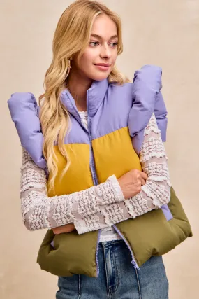 Thermal Insulated IT2924-05 | MARDI GRAS  COLORS BLOCK PUFFER RUFFLED DETAIL