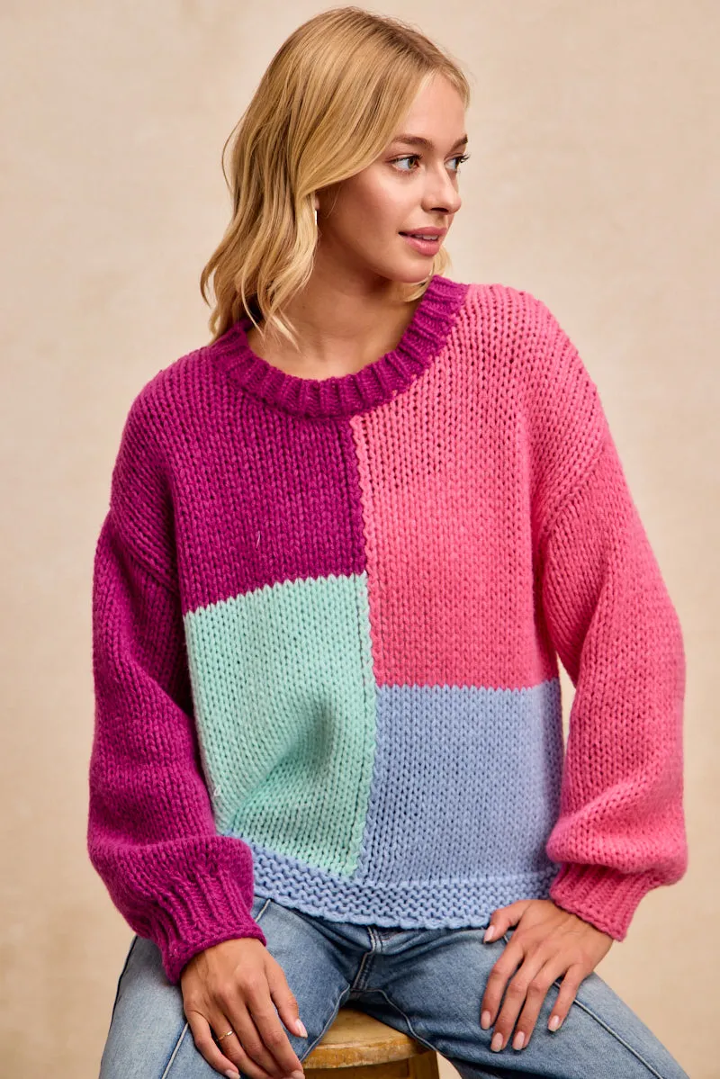 IT4879-01 | COLOR BLOCK SWEATER KNIT TOP Moisture Lock Technology