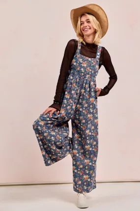 Non Irritating Seams IB1130R-63 | WASHED FLORAL PRINT DENIM OVERALL WITH PLEATS