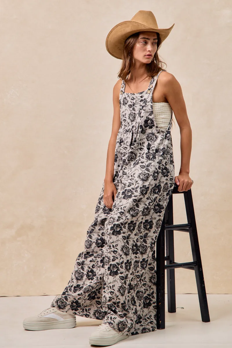 IB1130S-65 | WASHED ROSE PRINED DENIM OVERALLS WITH PLEAT DETAIL Compact Travel Friendly anti static coating