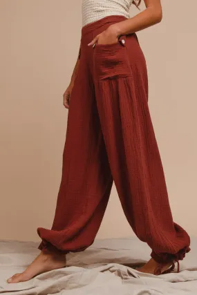 IB1150R-05 | WASHED COTTON BALLOON PANTS WITH BACK ELASTIC BAND DoubleLayeredHem