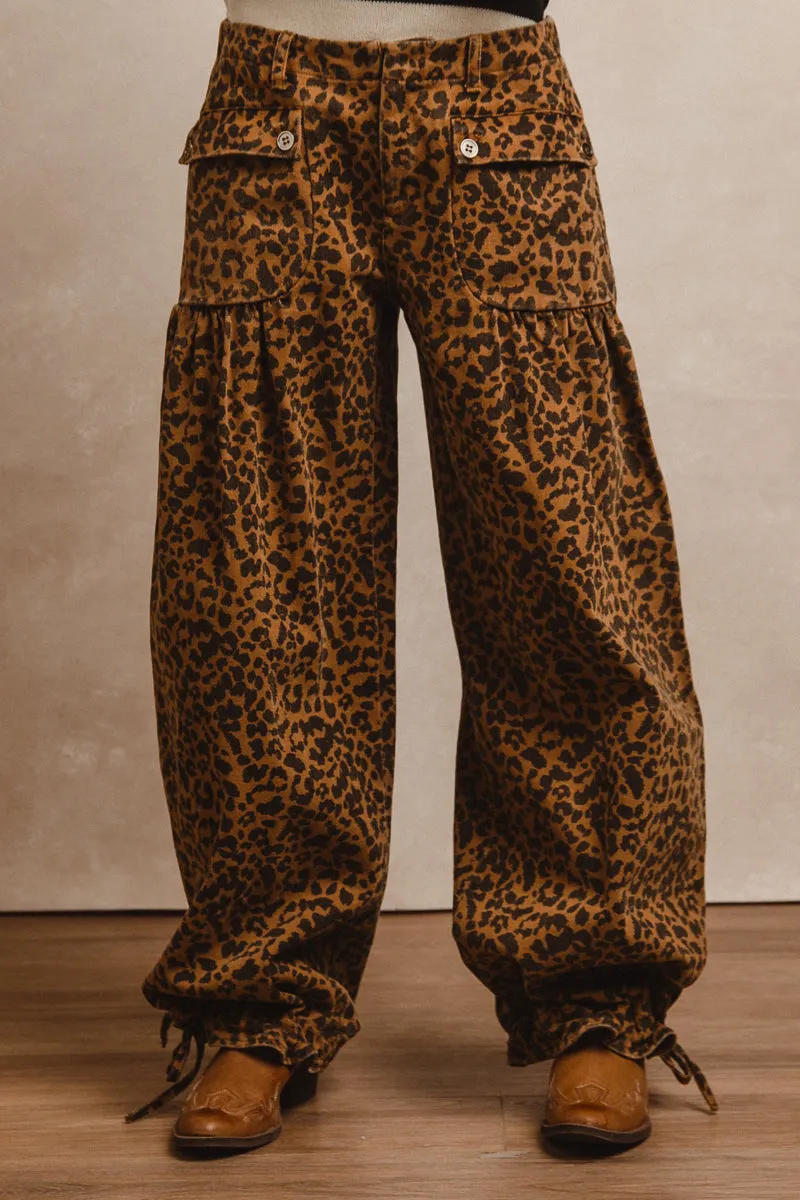 IB1150R-07 | WASHED LEOPARD DENIM WIDE LEG PANTS WITH TIE HEM DETAIL Office Friendly