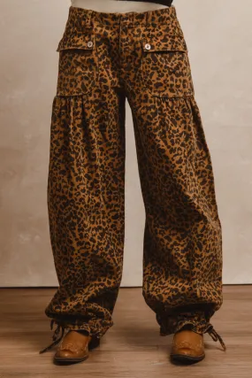 IB1150R-07 | WASHED LEOPARD DENIM WIDE LEG PANTS WITH TIE HEM DETAIL Office Friendly