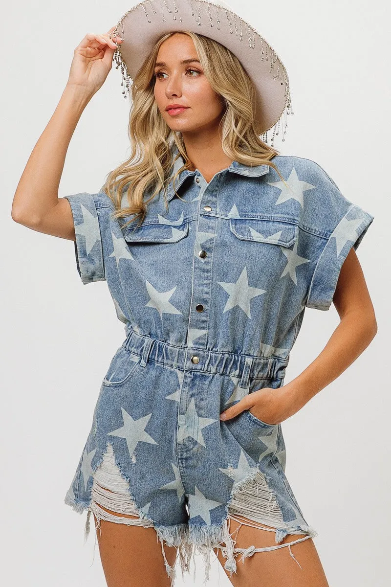 PermeableCloth IB1159J-04 | VINTAGE STAR DENIM DISTRESSED ROMPER