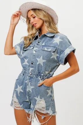 Travel Friendly IB1159J-04 | VINTAGE STAR DENIM DISTRESSED ROMPER
