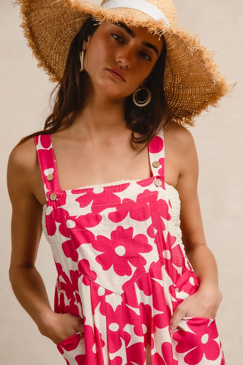 IB1162-38P | FLORAL PRINTS TUCK DETAIL SHORT OVERALL WITH POECKET Petite Fit Contoured Panel Design