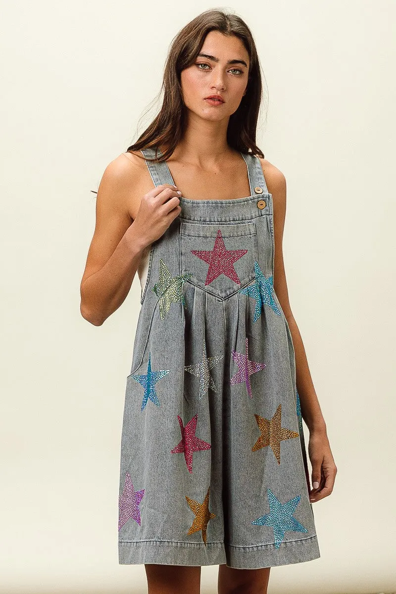 IB1162G-14 | STAR RHINESTONE WASHED WIDE LEG SHORTALLS Elastic Free Cuffs Stable Shape