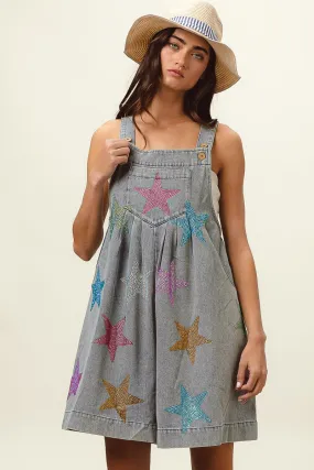 IB1162G-14 | STAR RHINESTONE WASHED WIDE LEG SHORTALLS Windproof Membrane
