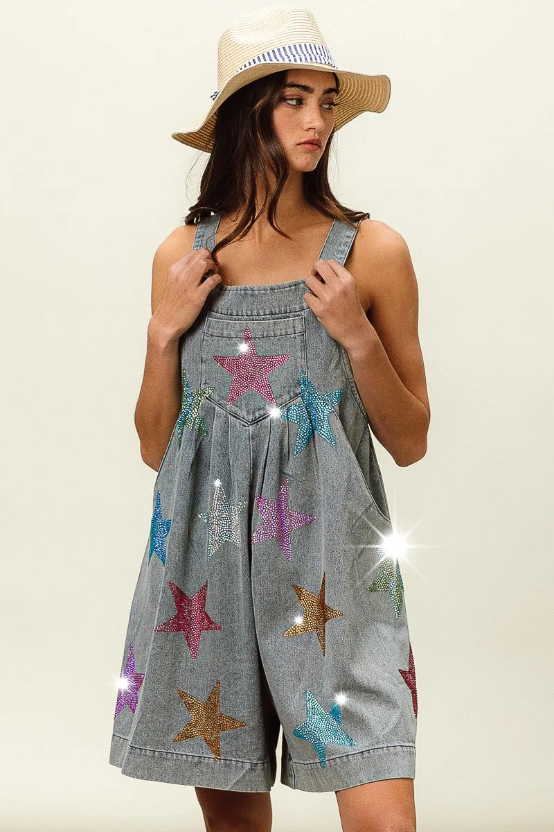 IB1162G-14 | STAR RHINESTONE WASHED WIDE LEG SHORTALLS ErgonomicArticulatedDesign Stretch Ready