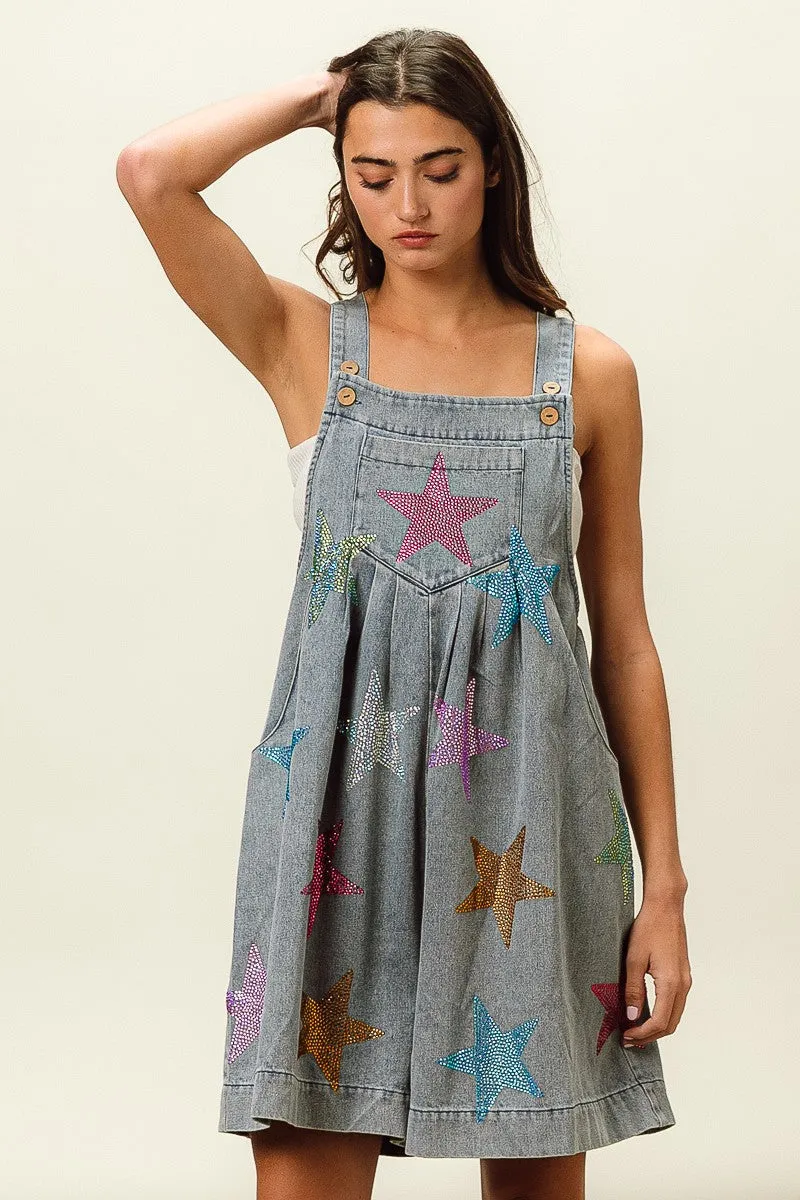 Non Binding Waist IB1162G-14 | STAR RHINESTONE WASHED WIDE LEG SHORTALLS