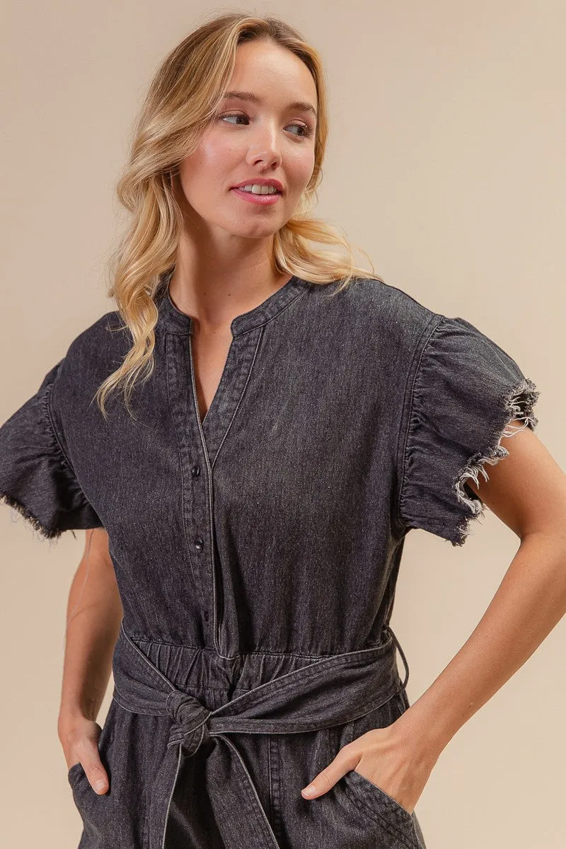 Flex Fit IB1279-01 | RUFFLED ARMHOLE WASHED DENIM ROMPER