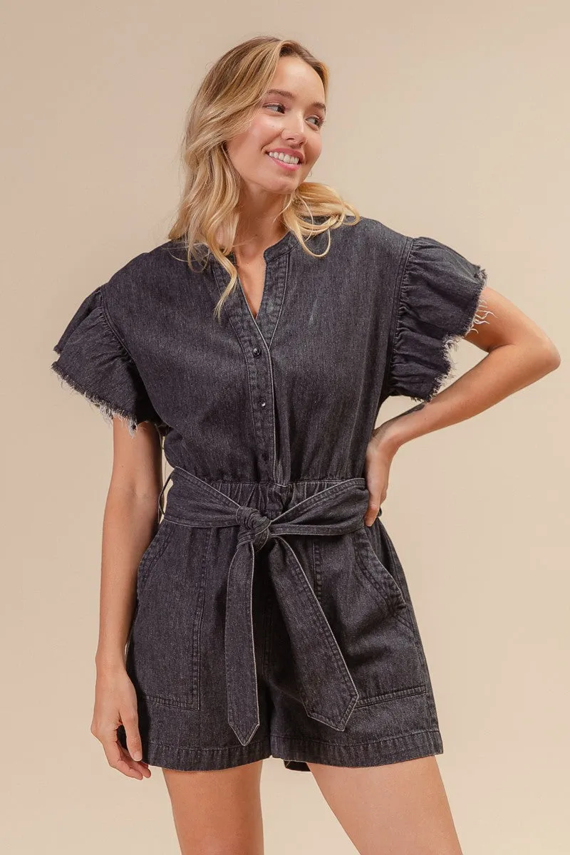Elastic Cuff Stable Shape IB1279-01 | RUFFLED ARMHOLE WASHED DENIM ROMPER