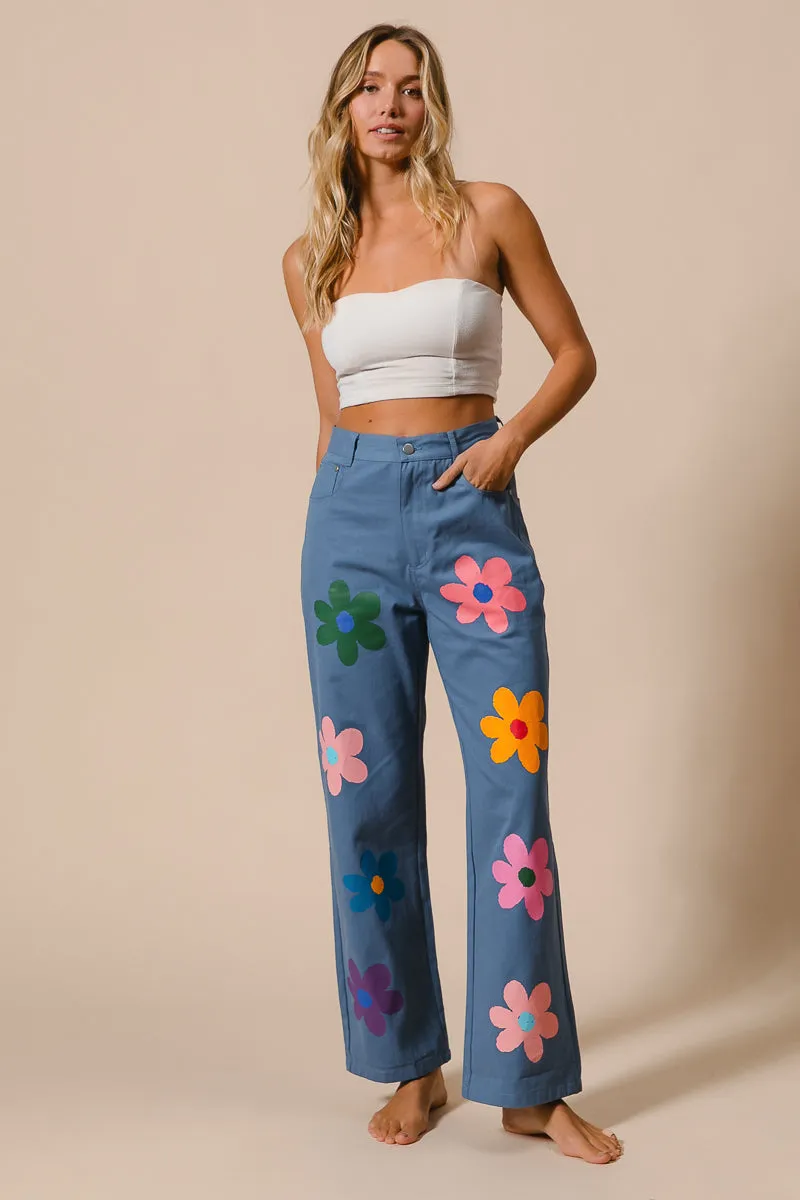 IB1346-01 | FLOWER PRINT STRAIGHT LEGS PANTS AbrasionGuardTape
