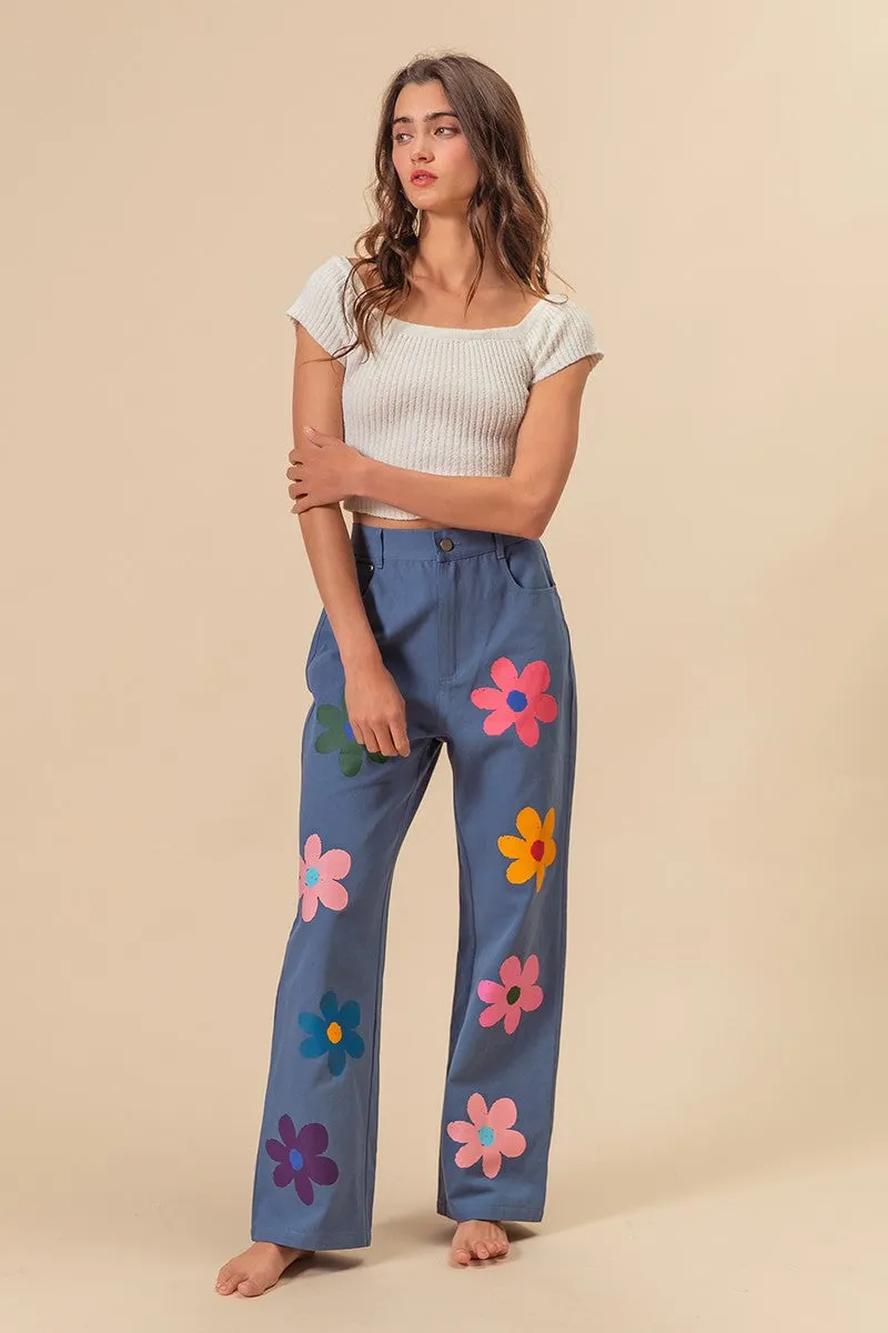 IB1346-01 | FLOWER PRINT STRAIGHT LEGS PANTS Stretch Fit Freedom Motion