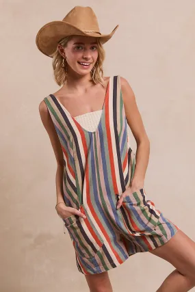 UV protection layer IB1356R-03 | MULTI STRIPE DENIM ROMPER WITH ADJUSTABLE STRAP AND POCKET