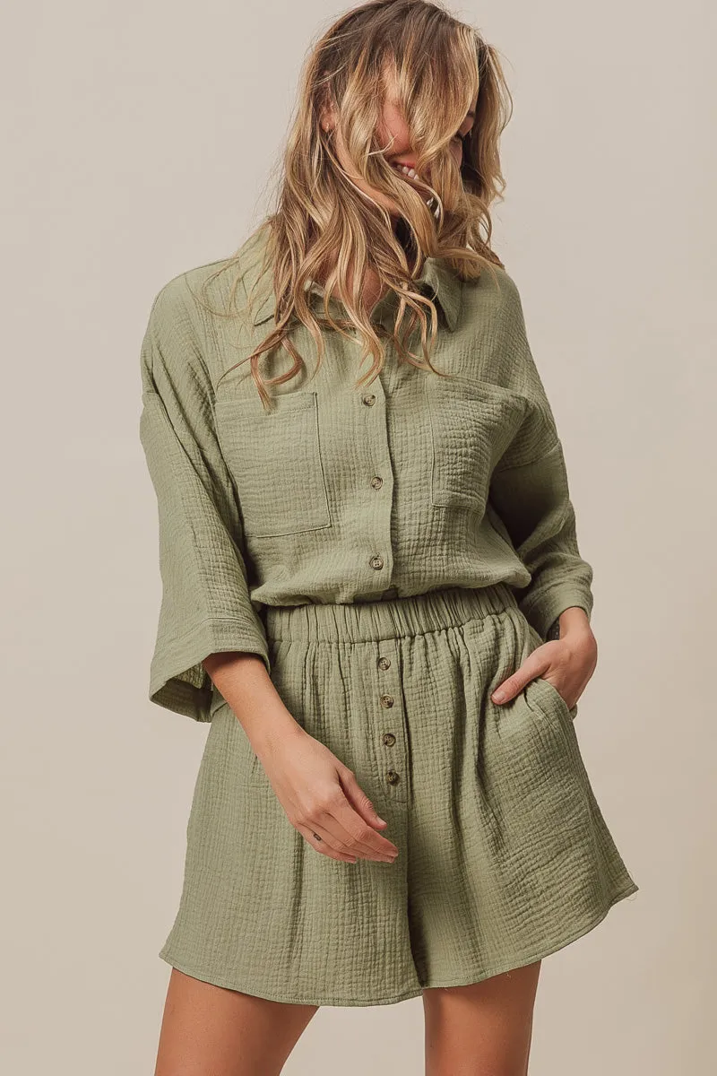 Double Layered Hem All Day Use IB1396G-01P | CRINKLE GAUZE SHIRT AND SHORT SET