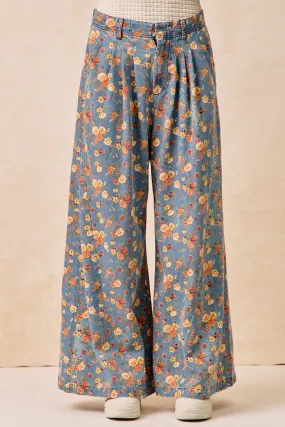 AntiSnag Lining Material Comfort Stretch Fabric IB1476G-15 | VINTAGE WASHED FLORAL PRINTED WIDE DENIM PANTS