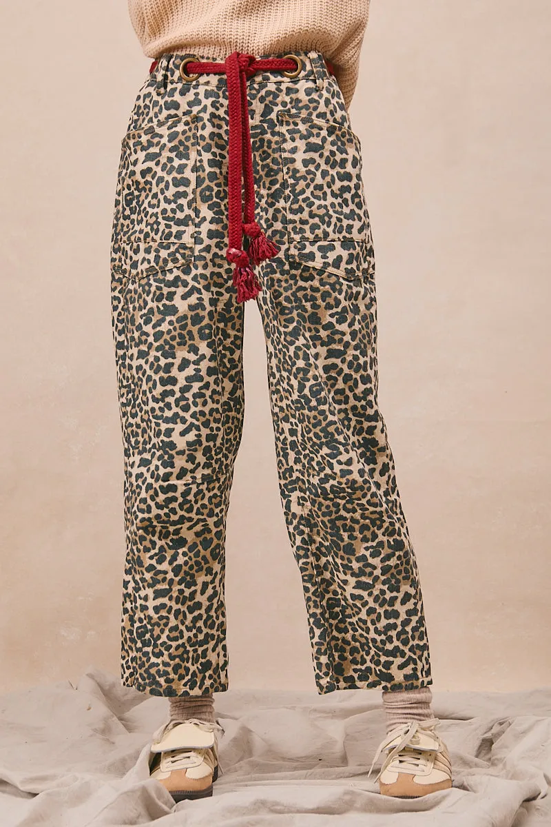 FadeResistant IB1537-02 | BRAIDED WAIST BELT PATCH LEOPARD PRINT PANTS