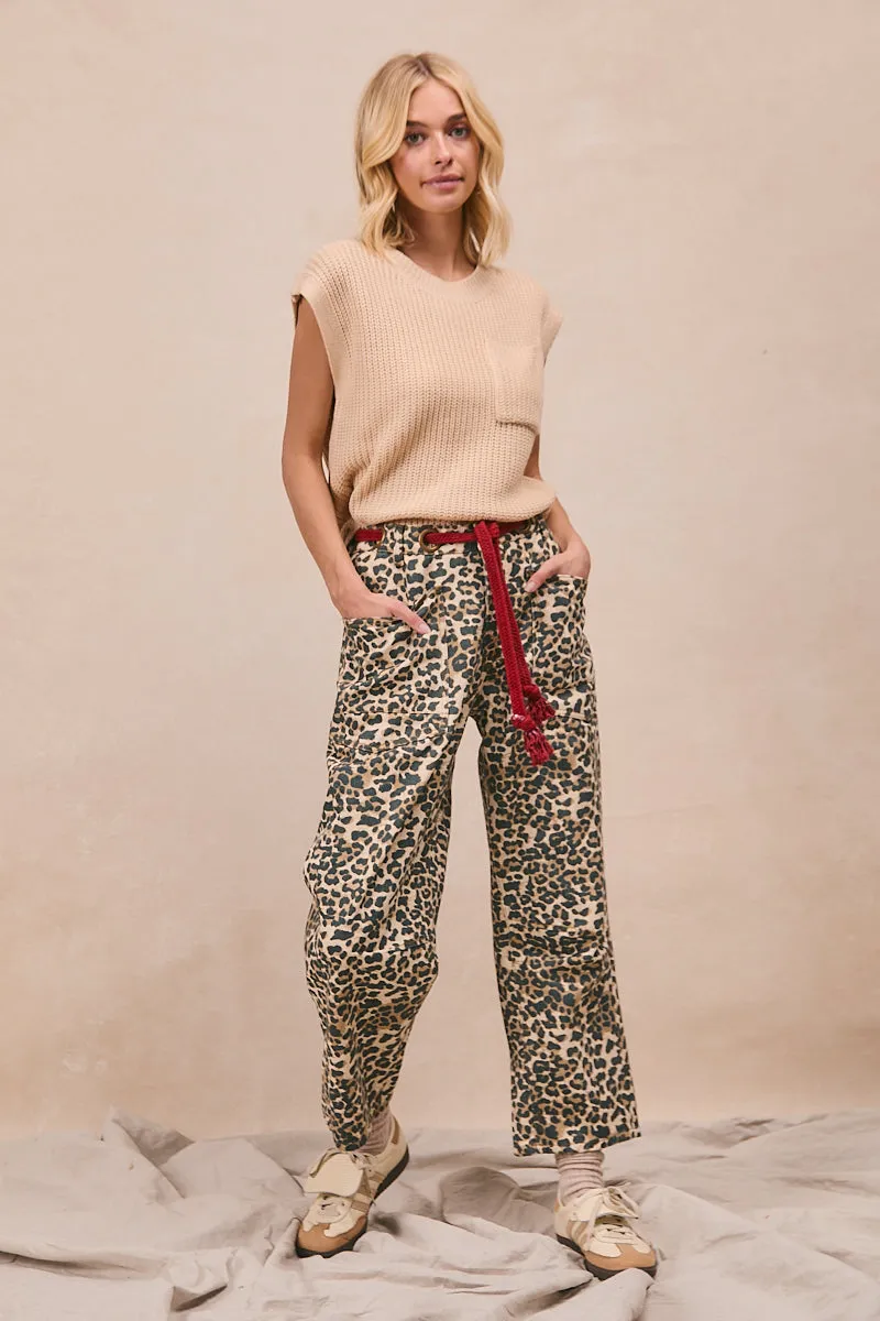 IB1537-02 | BRAIDED WAIST BELT PATCH LEOPARD PRINT PANTS Elasticated Waistband