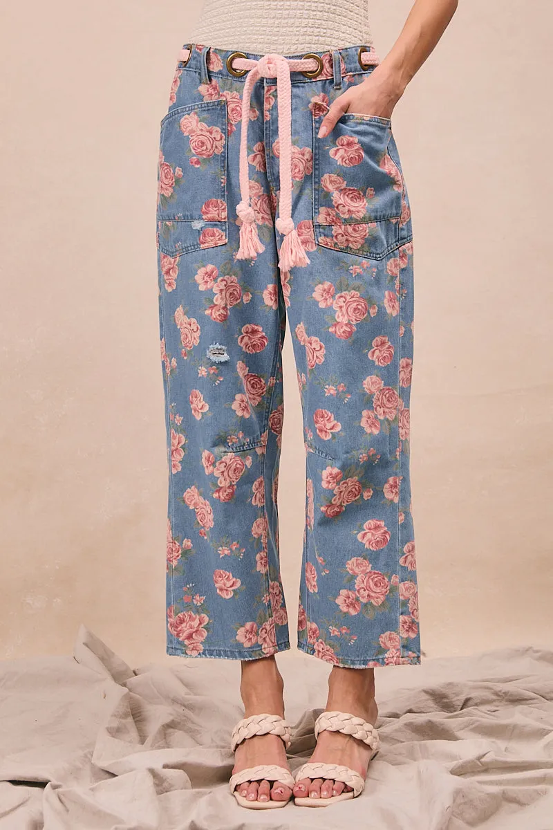 IB1537G-05 | BRAIDED WAIST BELT PATCH POCKETS FLORAL PRINT DENIM PANTS stain guard