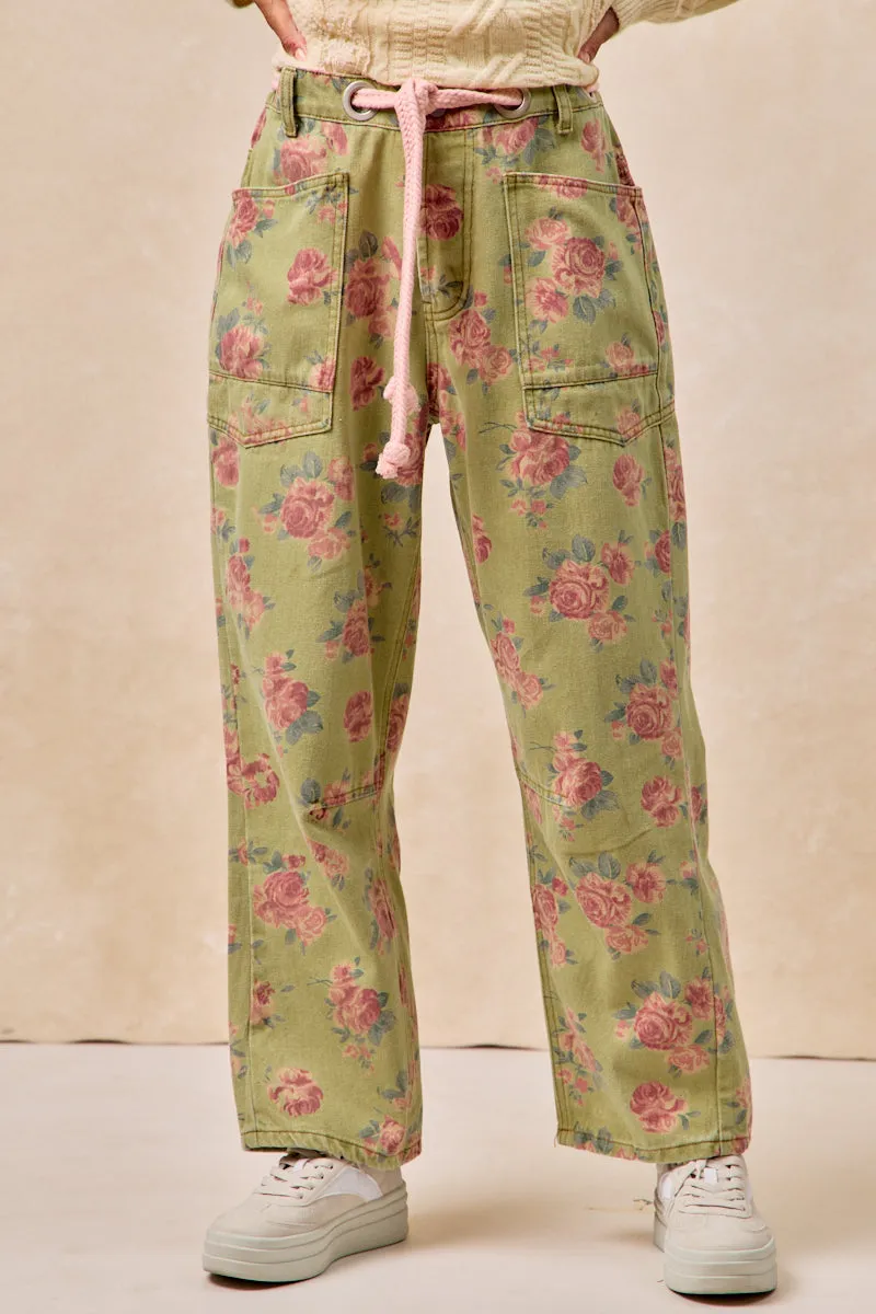 IB1537G-16P | BRAIDED WAIST BELT PATCH POCKETS FLORAL PRINT PANT Flattering Design