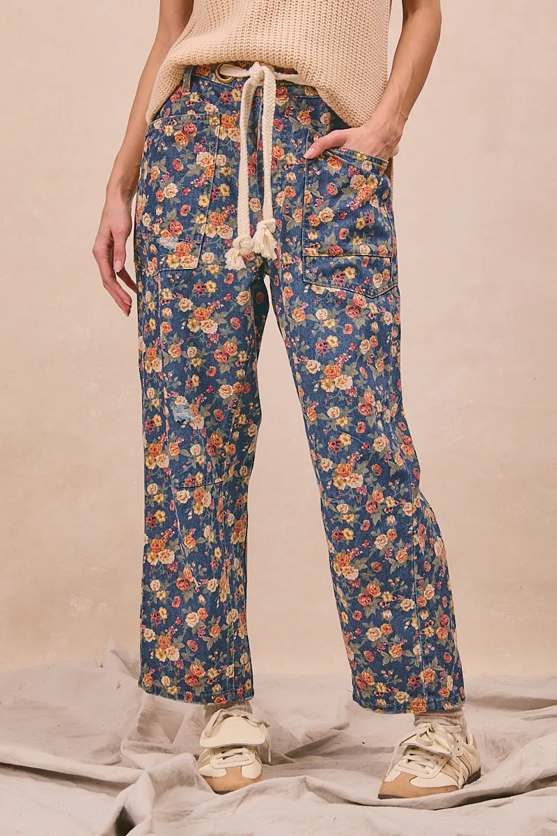 Noise Reduction Design IB1537R-04 | MINERAL WASHED DENIM DITSY PRINTED BRAIDED WAIST BELT PANTS