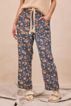Noise Reduction Design IB1537R-04 | MINERAL WASHED DENIM DITSY PRINTED BRAIDED WAIST BELT PANTS