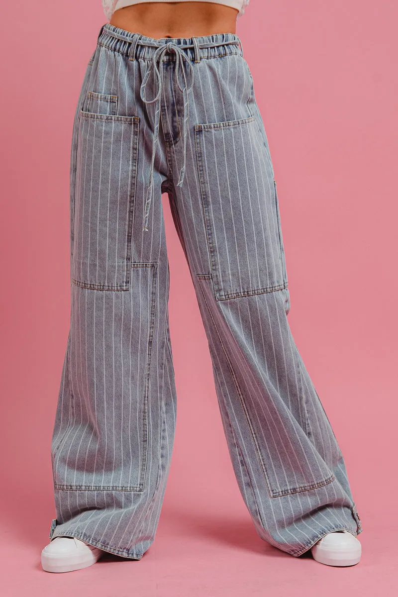Easy Care IB1544R-04 | WASHED STRIPE DENIM CARGO POCKET PANTS WITH WAIST TIE