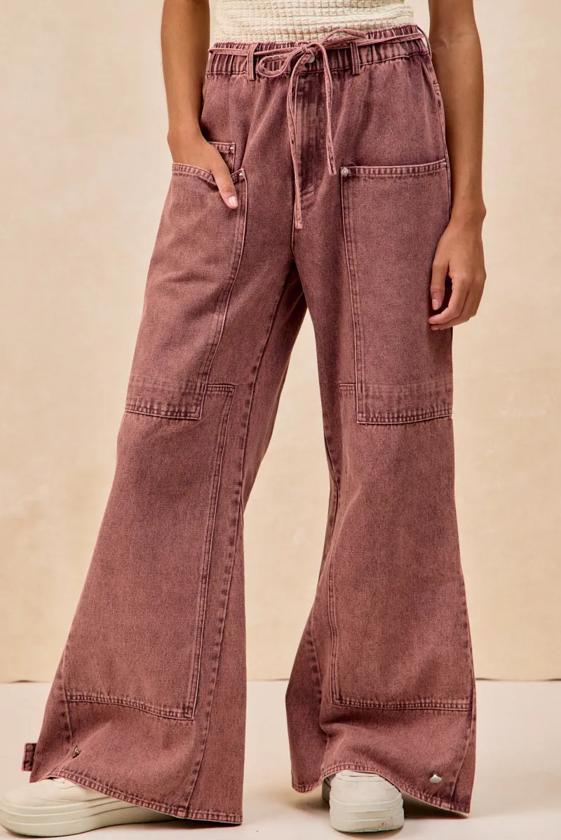 IB1544S-06 | WASHED DENIM CARGO POCKET PANTS WITH WAIST TIE LightweightWeave Yoga Ready